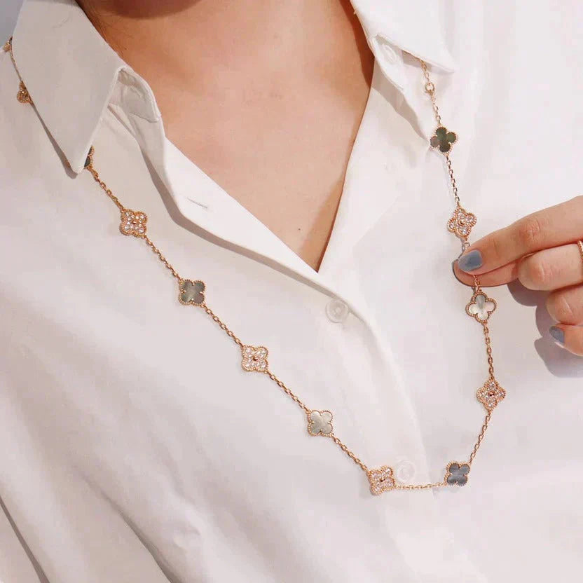 [✨Rose💎]CLOVER 20 MOTIFS DARK MOP DIAMOND  NECKLACE