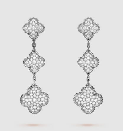 [✨Rose💎]CLOVER 3 MOTIF DIAMOND SILVER DROP EARRINGS