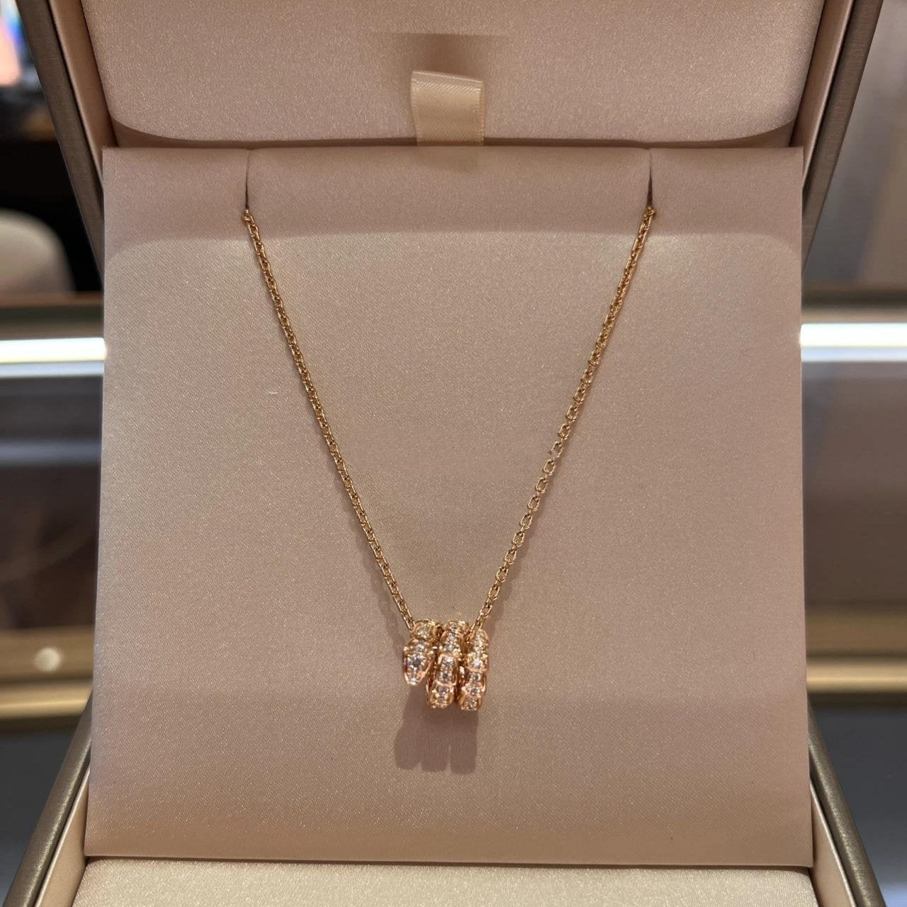 [✨Rose💎]SERPENTI PINK GOLD NECKLACE DOUBLE RING DIAMOND